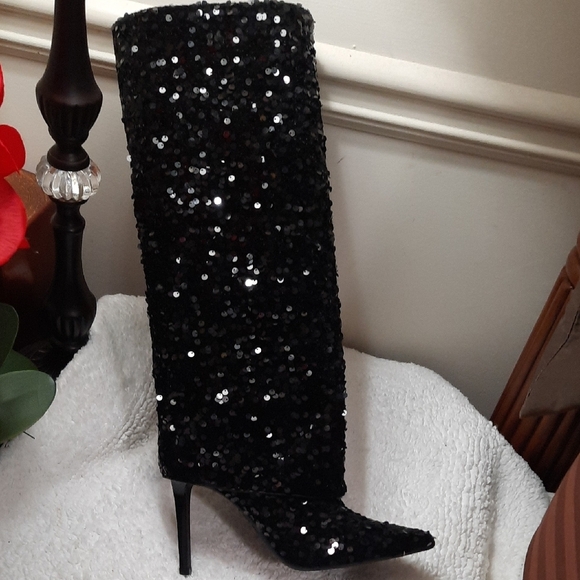 INC International Concepts Black Sequin Heeled Boots - Picture 4 of 6